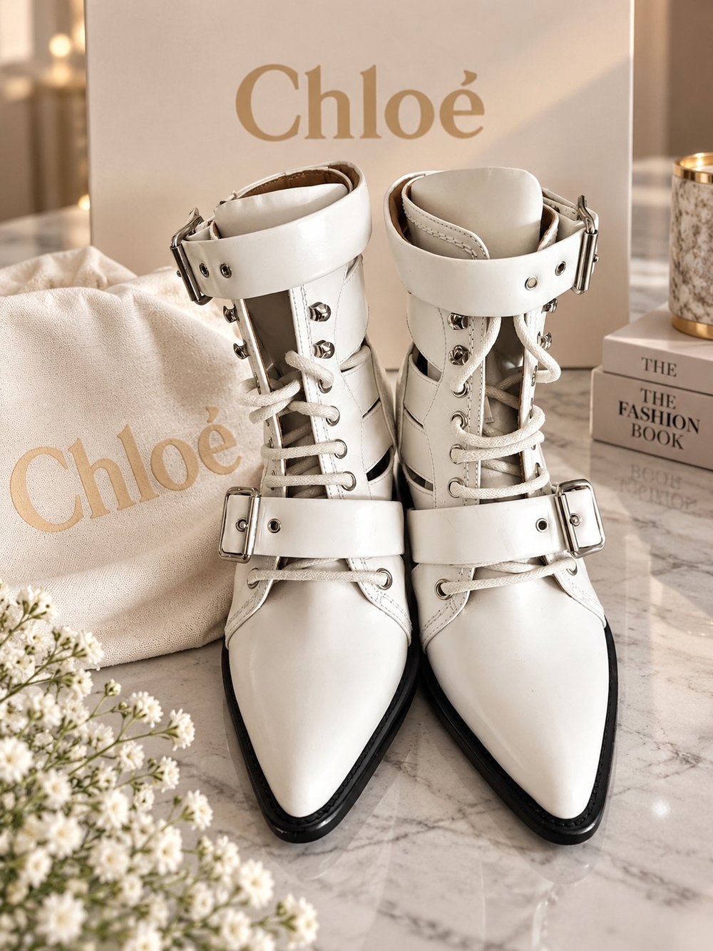 CHLOÉ Rylee White Leather Cutout Buckle Lace Up Boots With Dust Bag 5.5 35.5EU